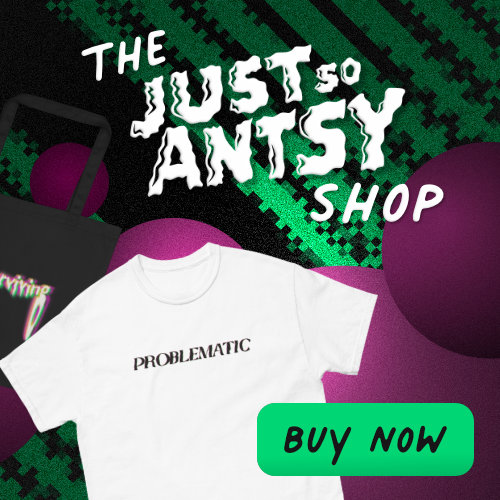 products from the jutsoantsy shop including the problematic t-shirt and the stop surviving tote bag